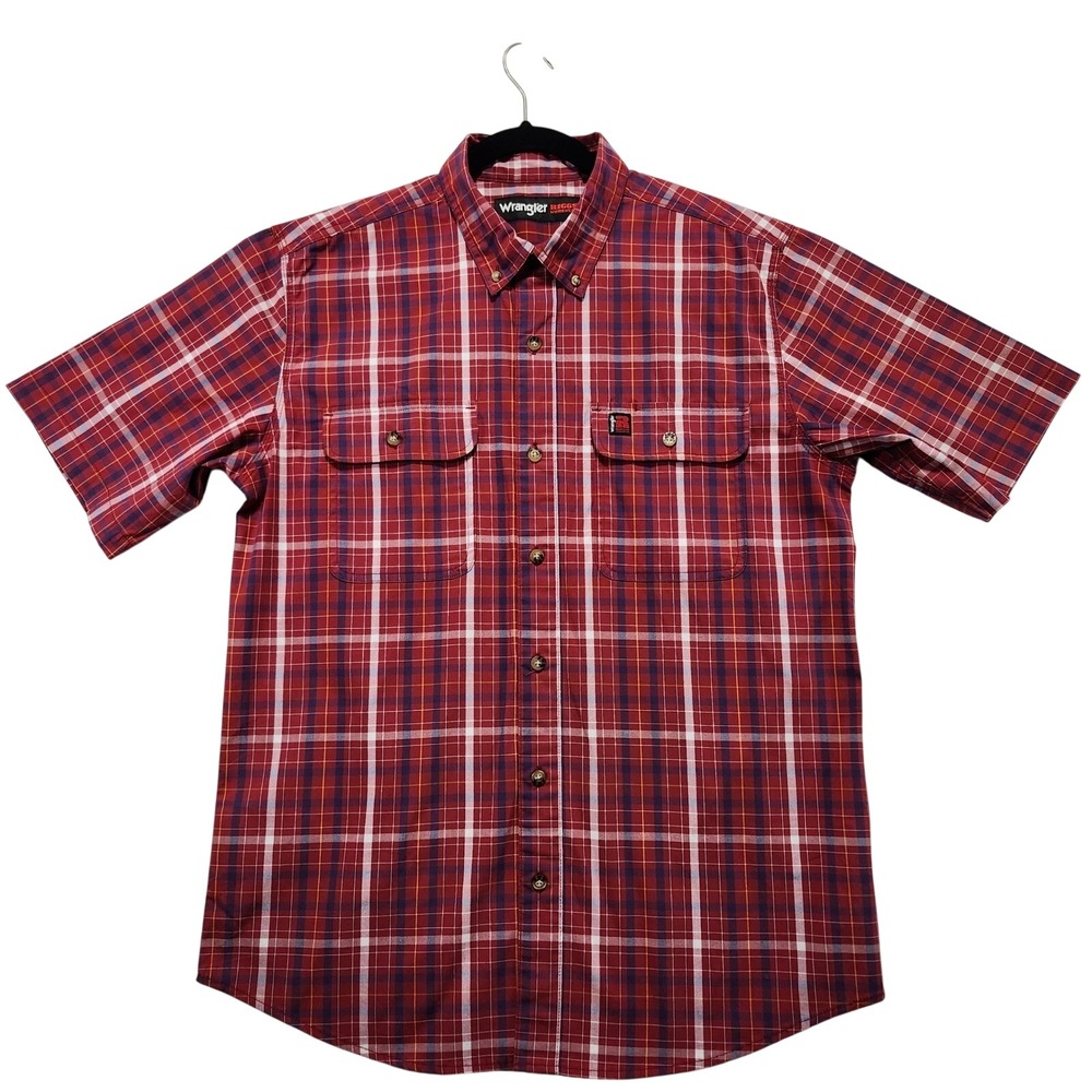 Wrangler Riggs Workwear Shirt Mens Large Red Plaid Excellent Short Sleeve Button